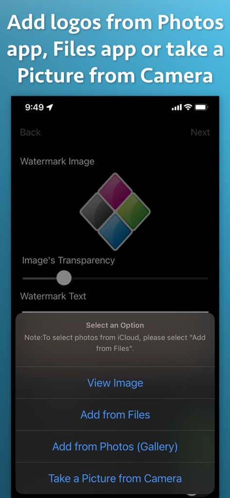 Video Watermarker - A menu in the Video Watermarker app showing options to add a logo from Photos, Files, or Camera.