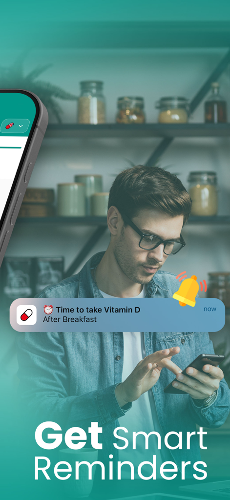 MedAlert: Pill Reminder - Um homem olhando para seu smartphone com uma notificação inteligente de lembrete de medicação para Vitamina D