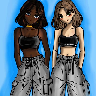 two girls with crop top with baggy pants