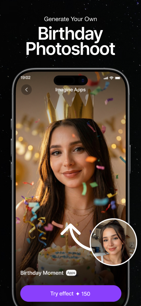 ImagineArt: AI Video Generator - Una pantalla de smartphone que muestra la interfaz de la aplicación ImagineArt donde un selfie se transforma en una sesión de fotos profesional de cumpleaños con una corona y un pastel.
