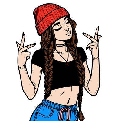 realistic teenage girl with braids and a beanie and crop top doing 🫶🏼