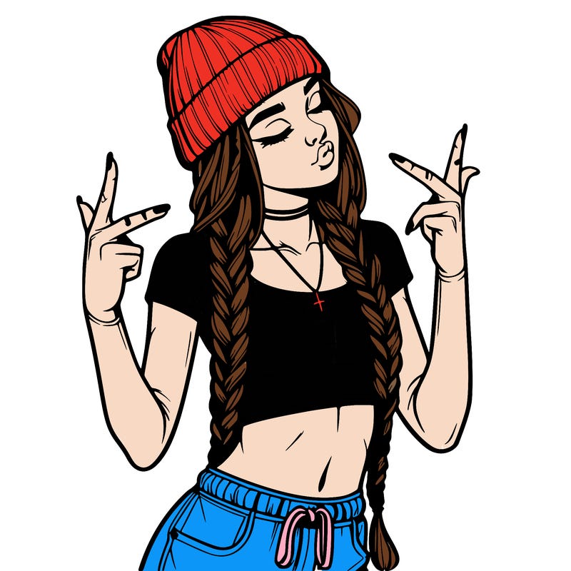 realistic teenage girl with braids and a beanie and crop top doing 🫶🏼
