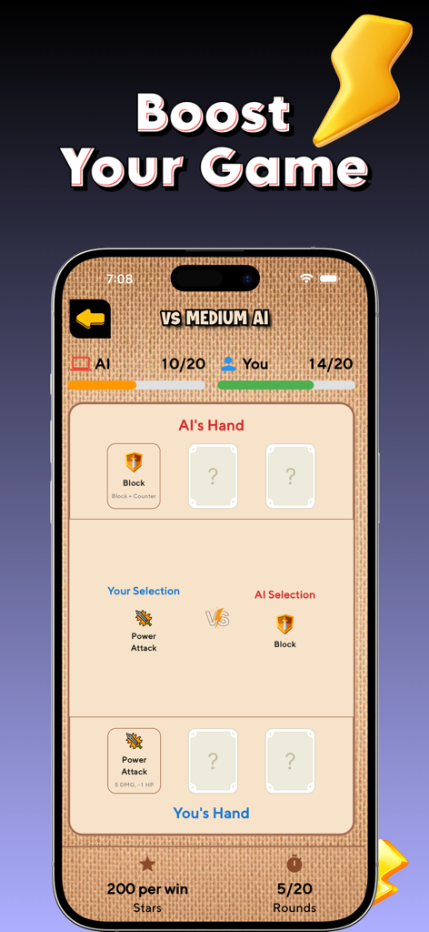 Travel Energy Reward Links - A mobile app screen showing a card battle mini game against a medium difficulty AI within the Travel Energy Reward Links app.