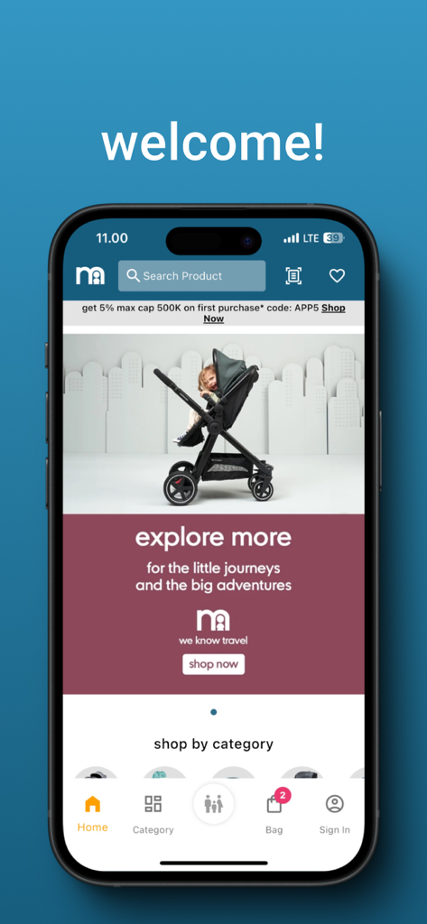 Mothercare Indonesia - Mothercare Indonesia mobile app home screen featuring a baby stroller and shopping categories