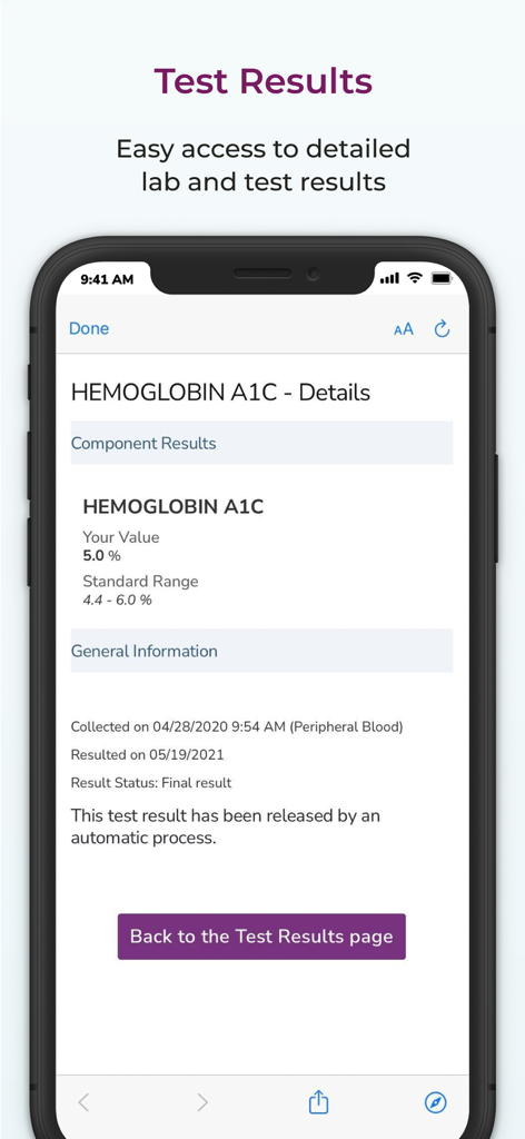 MyUPMC mobile app interface displaying detailed hemoglobin lab test results and standard ranges