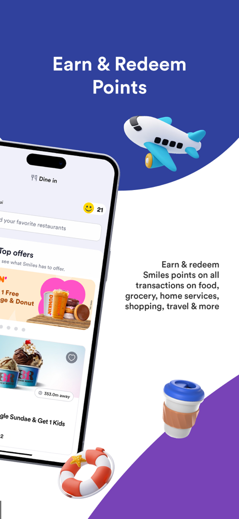 Smiles app interface showing how to earn and redeem points for food, travel, and home services