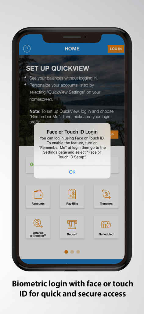 Valley First mobile app showing biometric login setup and banking features