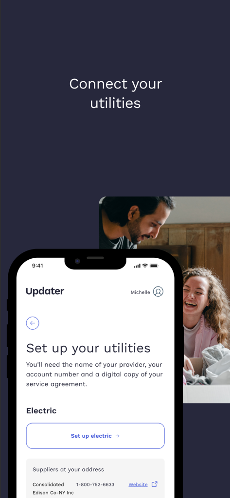 Updater: Essential Moving App - Updater app interface showing options to set up electric utilities for a new home