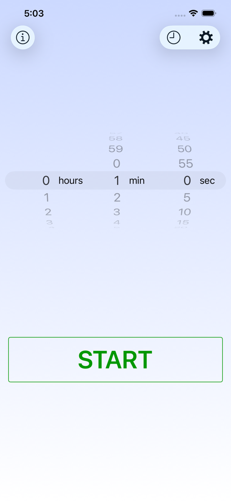 Voice Over Timer - Main interface of the Voice Over Timer app showing a one minute timer set with a large green start button.