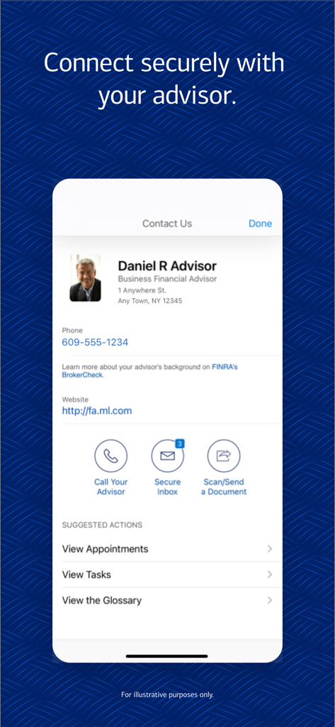 Interface of the MyMerrill app showing the financial advisor contact profile and secure communication options