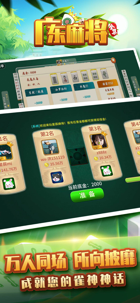 Una captura de pantalla del juego de Mahjong de Guangdong que presenta una tabla de clasificación de jugadores y puntuaciones sobre un fondo verde con bambú.