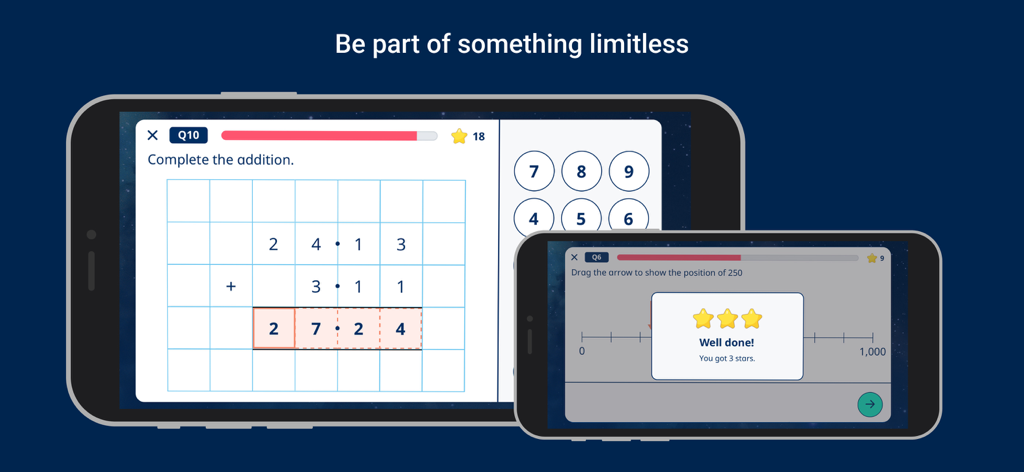 White Rose Infinity - Two smartphones displaying interactive math quizzes and a star reward screen from the White Rose Infinity app.