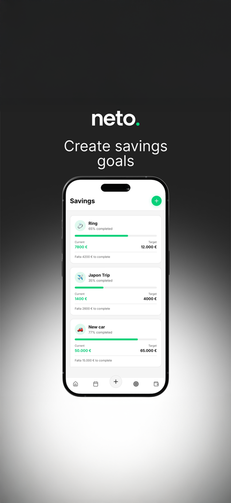 Neto: Budget & Expense Tracker - Neto app interface showing personalized savings goals with progress bars for a ring, trip, and new car