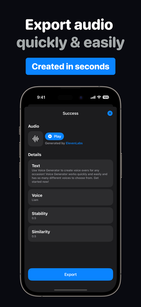 VoiceKitアプリのインターフェース。Eleven Labsテクノロジーでオーディオを生成した後のエクスポート画面が表示されています。