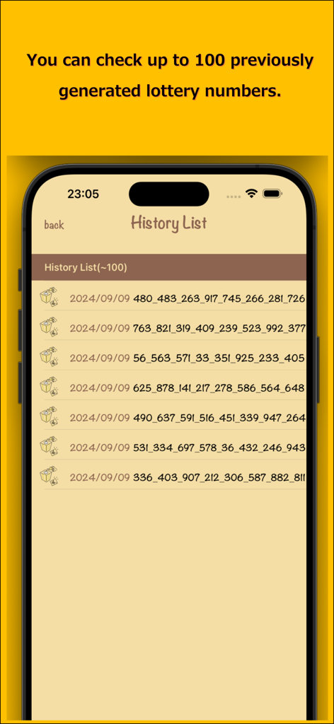 Jackpot Picker - Una lista que muestra hasta cien conjuntos de números de lotería generados previamente con sus fechas de generación.