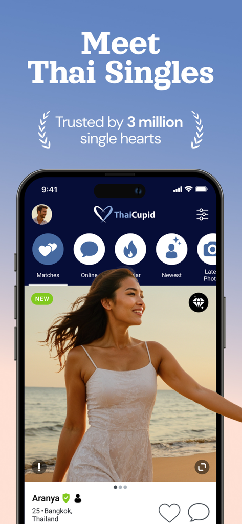 Interface de l'application de rencontres ThaiCupid montrant le profil d'une femme thaïlandaise à Bangkok avec des options de navigation pour les correspondances et le chat