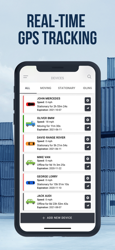 Smartphone screen displaying the GPSLive app with a list of tracked vehicles including status, speed, and location details.