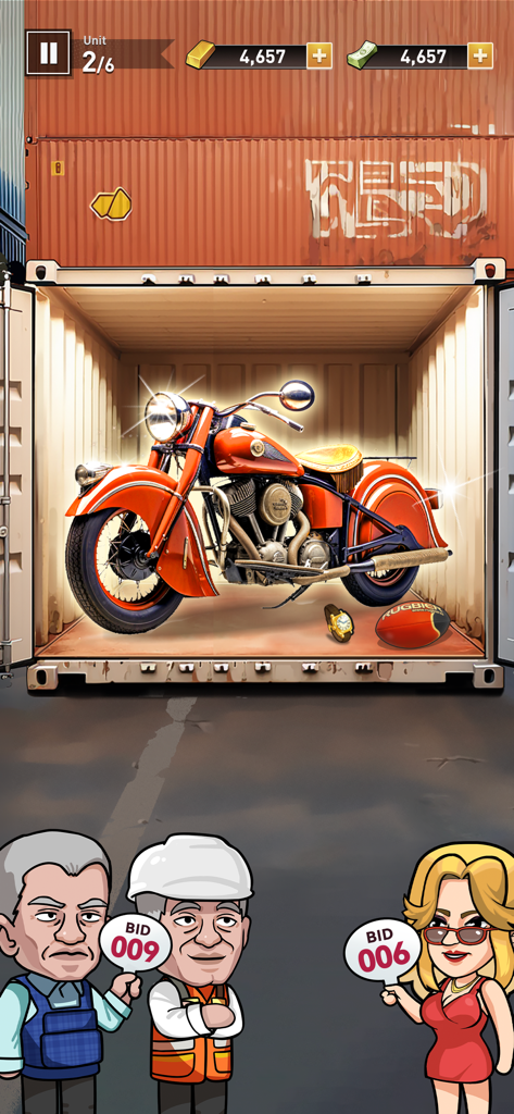 Bid Master - Bidding scene in Bid Master where a vintage motorcycle is discovered in an open shipping container