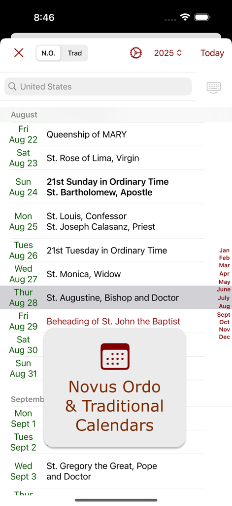 Calendario liturgico cattolico nell'app iPieta che mostra le feste dei santi con opzioni di calendario Novus Ordo e Tradizionale