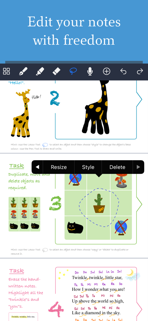Noteful: Notes & PDF Markup - Noteful app interface demonstrating handwriting editing with lasso tool, resizing, and annotation features on iPad.