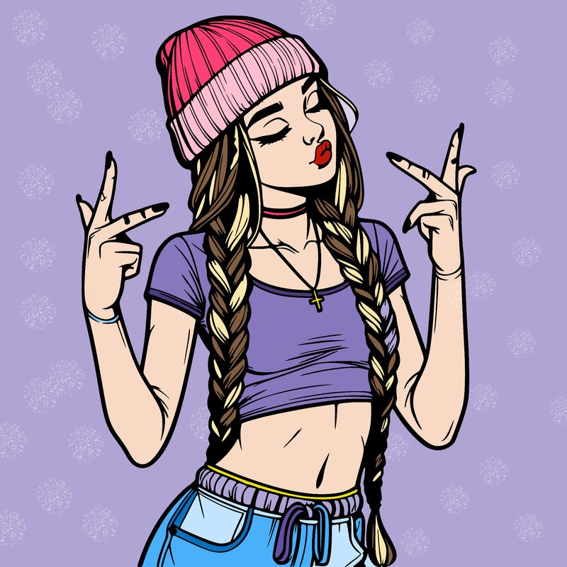 realistic teenage girl with braids and a beanie and crop top doing 🫶🏼
