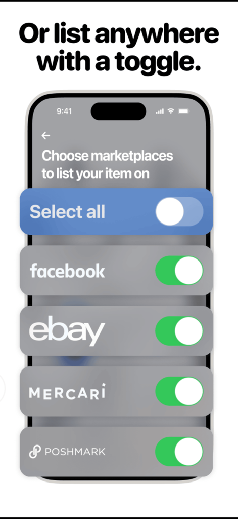 Smartphone screen showing toggles to instantly list items on Facebook eBay Mercari and Poshmark