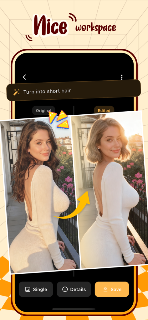 Ein Bildschirm der Ario-App, der einen Seitenvergleich eines Frauenporträts vor und nach einer KI-Haartransformation zeigt.
