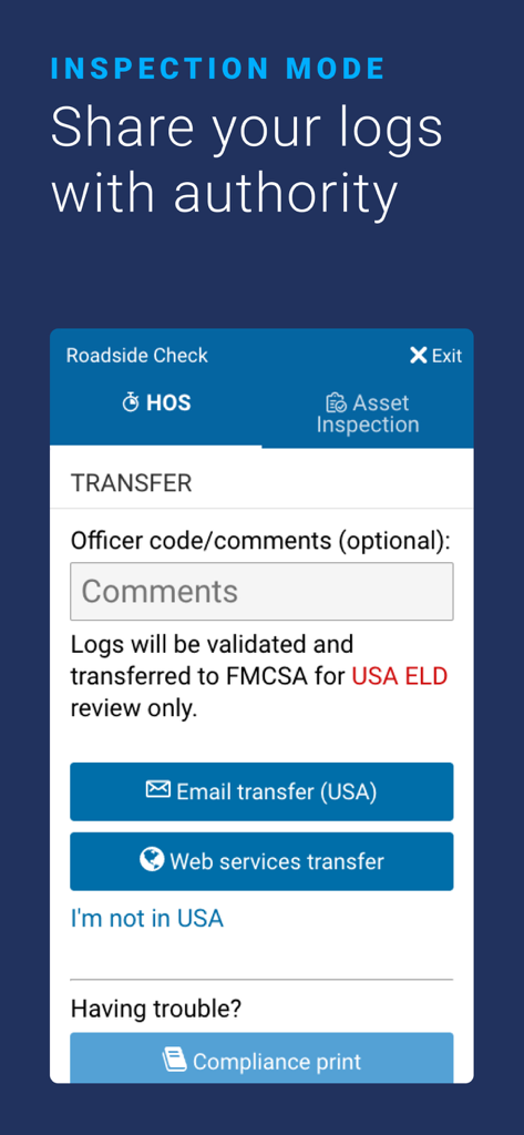 Geotab Drive app interface for roadside check and electronic logging device log transfer to authorities