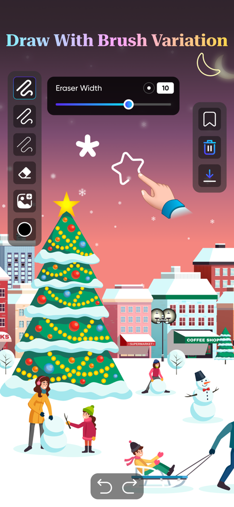 User interface of the Endless Zoom app showing brush tools and a winter drawing canvas