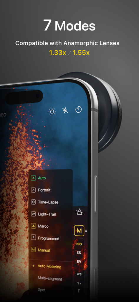 Smartphone with an external anamorphic lens attached showing the Varlens app interface with seven shooting modes like Manual, Portrait, and Time-Lapse.