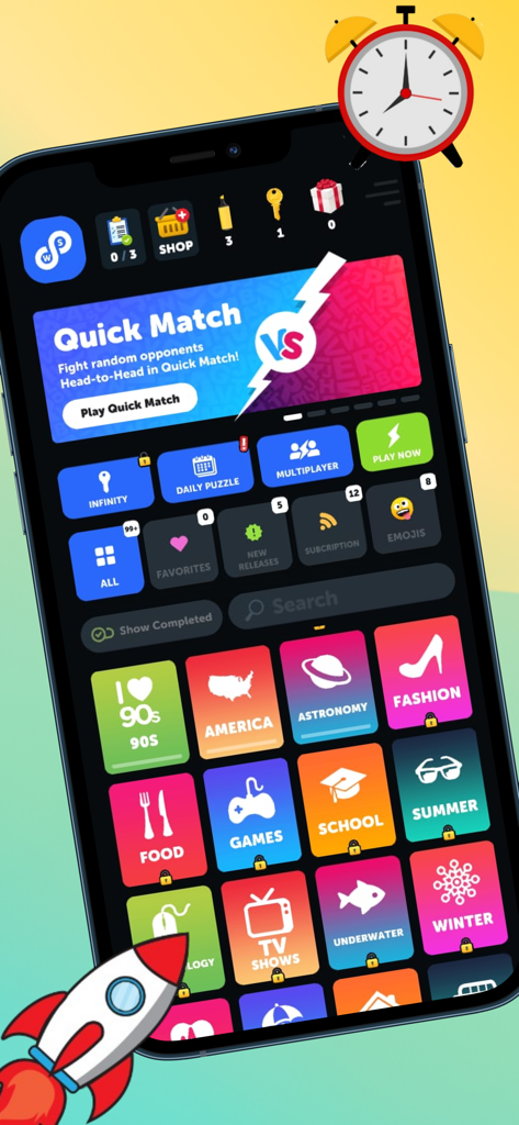 Main menu of the Infinite Word Search Puzzles app displaying various game modes and puzzle categories like 90s and Astronomy.