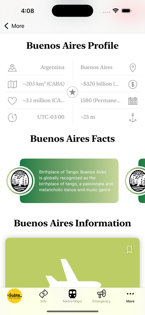 Interfaz de la aplicación Buenos Aires Subway Map que muestra estadísticas del perfil de la ciudad y hechos culturales sobre el tango.