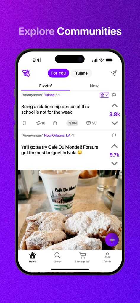 Fizz: Your Authentic Community - Interfaz de la aplicación social Fizz mostrando un feed hiperlocal con publicaciones anónimas de estudiantes y contenido de la comunidad del campus local.