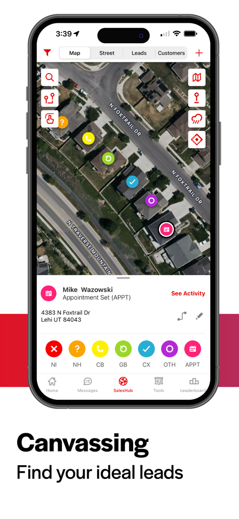 SalesRabbit app interface displaying a neighborhood map with color coded pins for lead management and canvassing