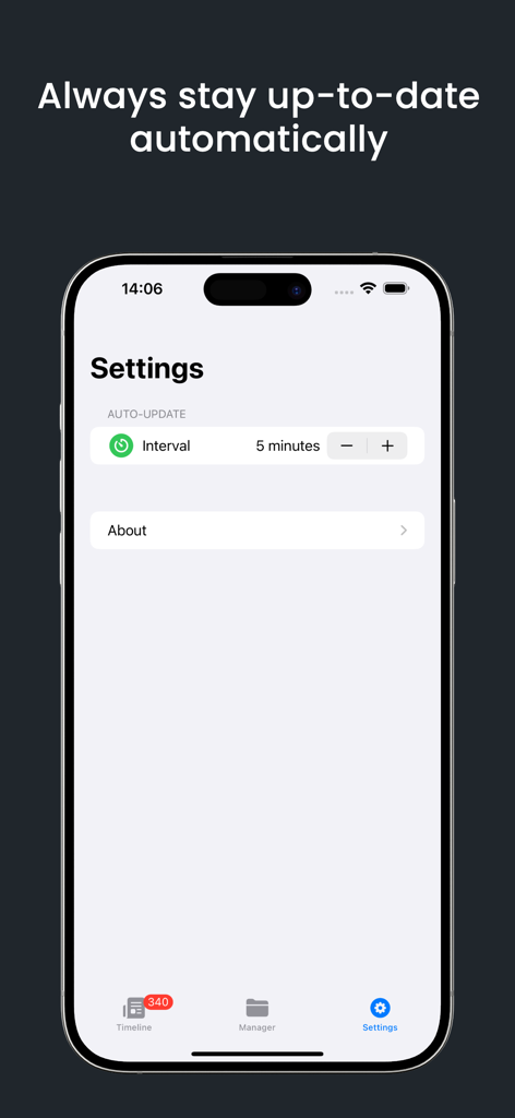 tRSS - Pantalla de configuración de la aplicación tRSS mostrando la configuración del intervalo de actualización automática en un iPhone