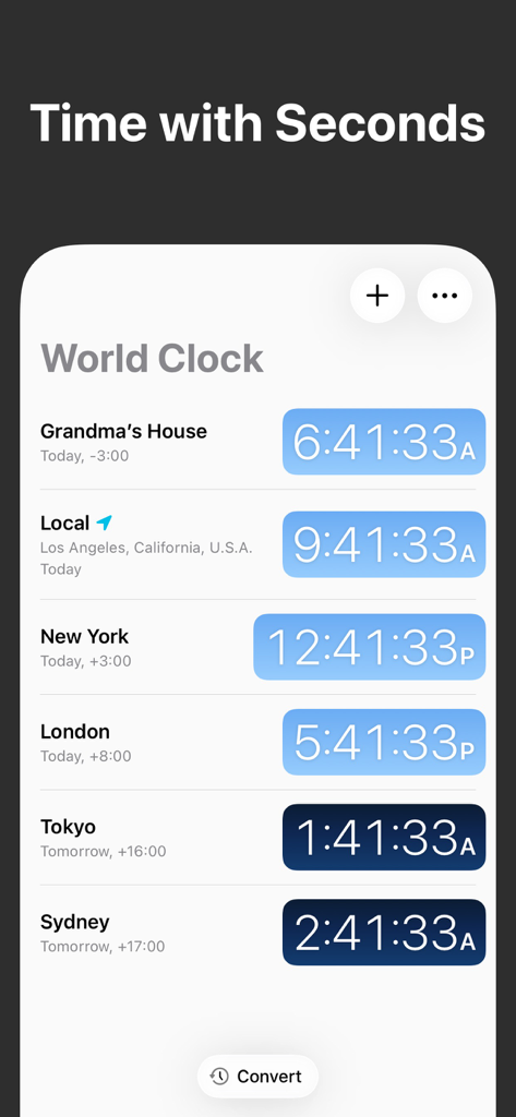 Digital world clock interface showing multiple time zones with seconds for cities like London Tokyo and Sydney