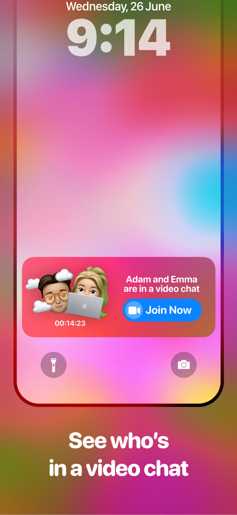 Vibes - BFF mood tracker - Vibes app lock screen widget showing friends Adam and Emma in a video chat with a Join Now button