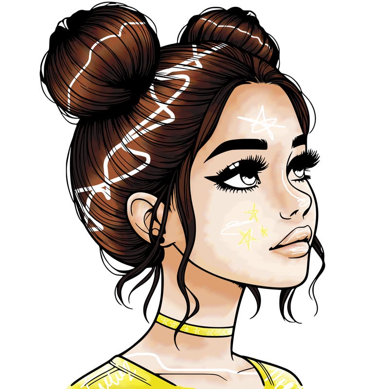 realistic girl with buns on the top of her head