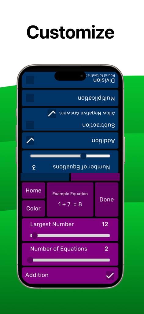 Math Duel: 2 Player Study Quiz - Split screen interface showing customizable math settings for two players