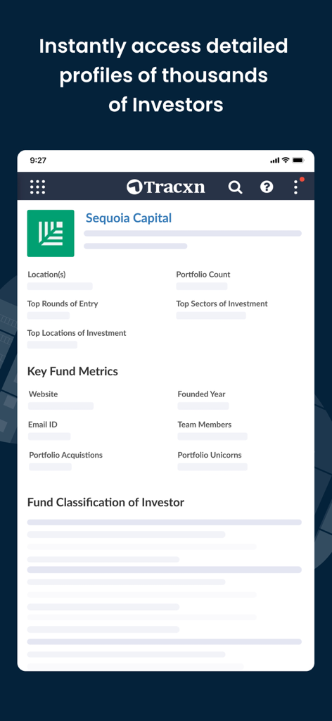 Interface do aplicativo móvel mostrando o perfil do investidor Sequoia Capital com métricas de fundos chave e dados do portfólio