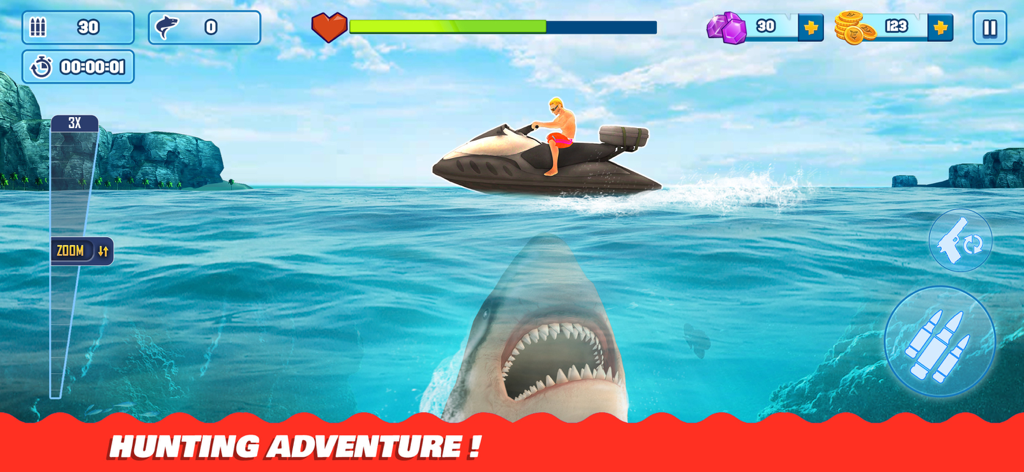 Shark Hunting Games: Sniper 3D - A great white shark attacks a man on a jet ski in the Shark Hunting Games Sniper 3D mobile app