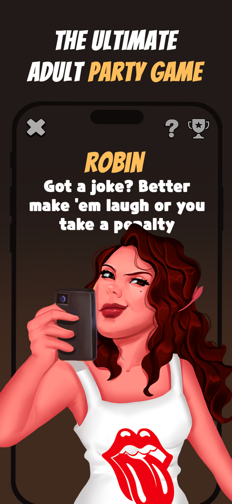 Hey, Dare! Adult Party Games - Interfaz del juego de fiesta para adultos Hey Dare que muestra un desafío de broma con un personaje ilustrado