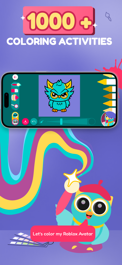 Kidzovo: Kids TV with AI Buddy - Kidzovo mobile app screen showing a digital coloring activity with an owl avatar and drawing tools