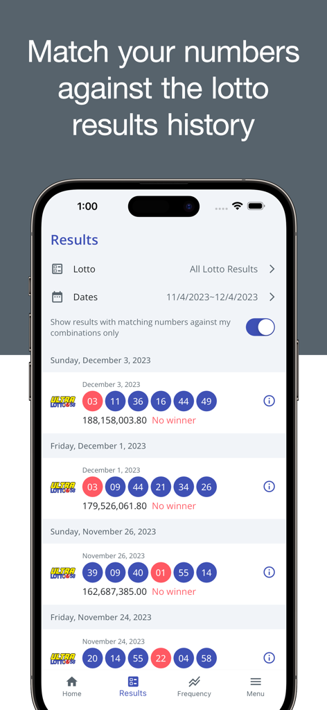 PCSO Lotto Results - PCSO Lotto Results app history screen showing previous Ultra Lotto 6/58 winning numbers