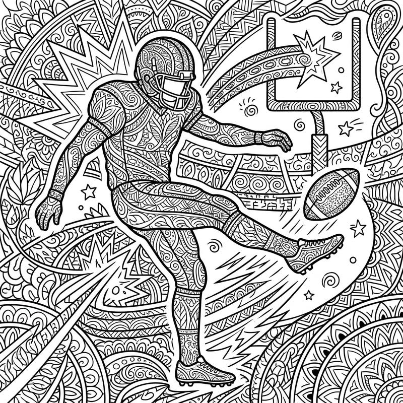 Dive into the detailed world of this Zentangle Football Kicker coloring page, perfect for sports fans and pattern lovers. Enjoy hours of meditative coloring as you bring this dynamic scene to life with your unique color palette.