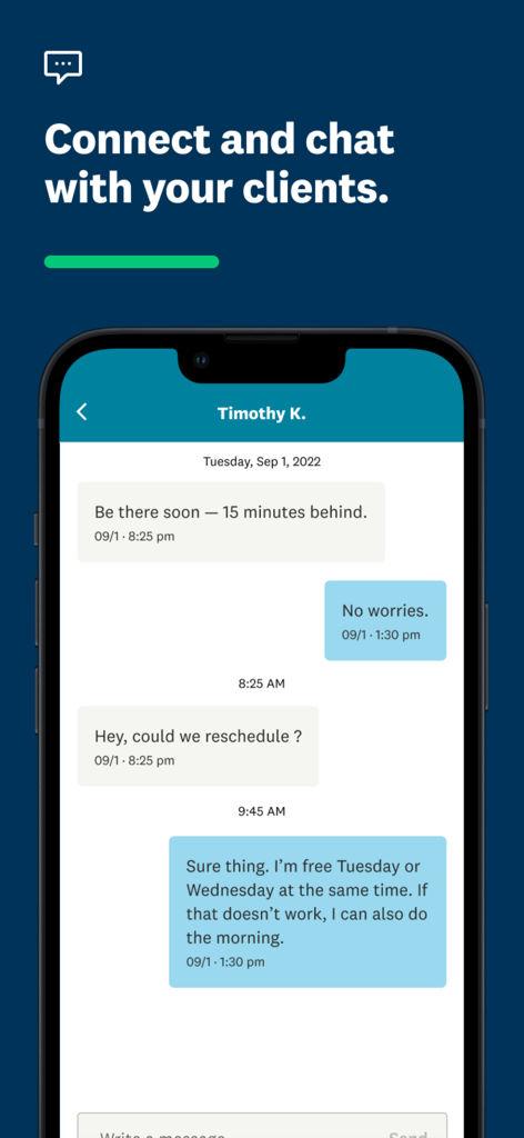 A mobile screen from the Angi Services for Pros app showing a chat interface for communicating with clients.