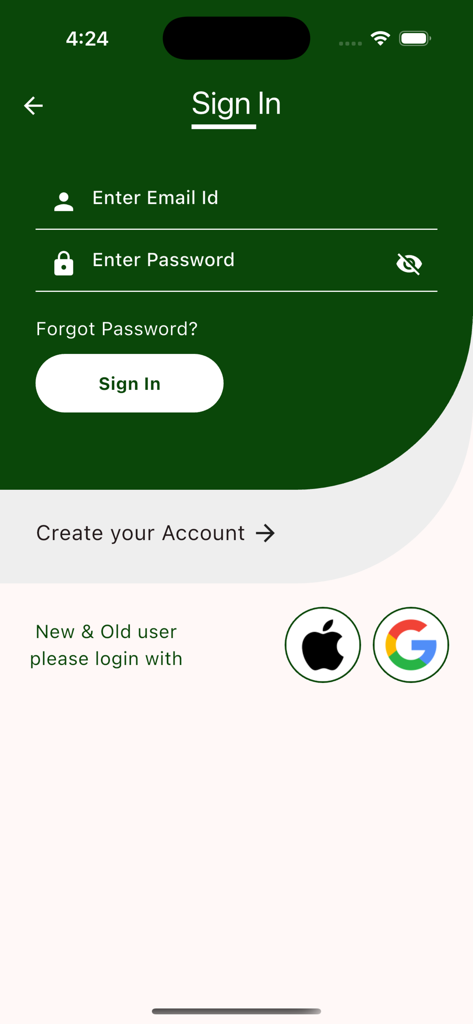 Sign in screen for Albertos Pizza Shop app with email and social login options