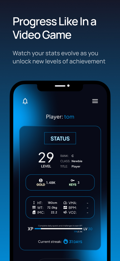LEVELING: Fitness - Écran de statut de l'application LEVELING Fitness montrant le niveau du joueur et des statistiques de style RPG