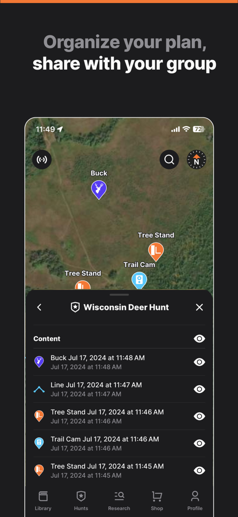 GOHUNT app showing a satellite map and organized waypoints for a Wisconsin Deer Hunt