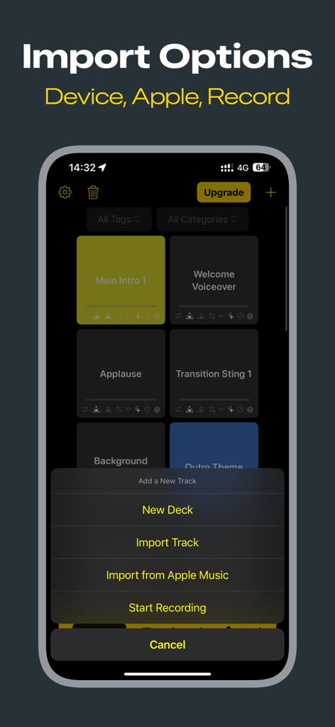 Soundboard Pro - Interfaz de la aplicación Soundboard Pro que muestra opciones para importar pistas desde el dispositivo o Apple Music e iniciar una nueva grabación.
